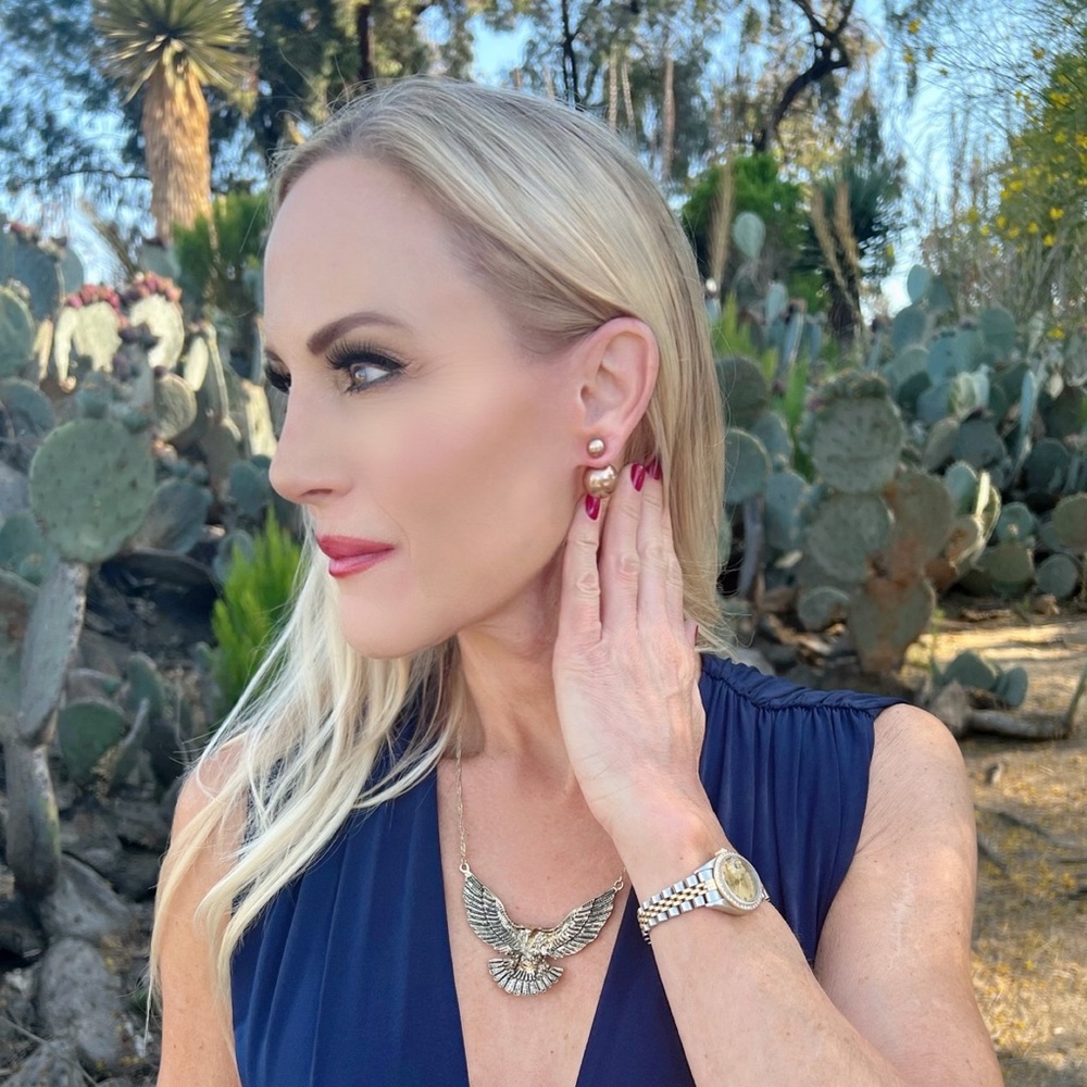 💎 Brown Copper Double Sided Pearl Post & Back Earrings + Tiger Eye Crystal Stud